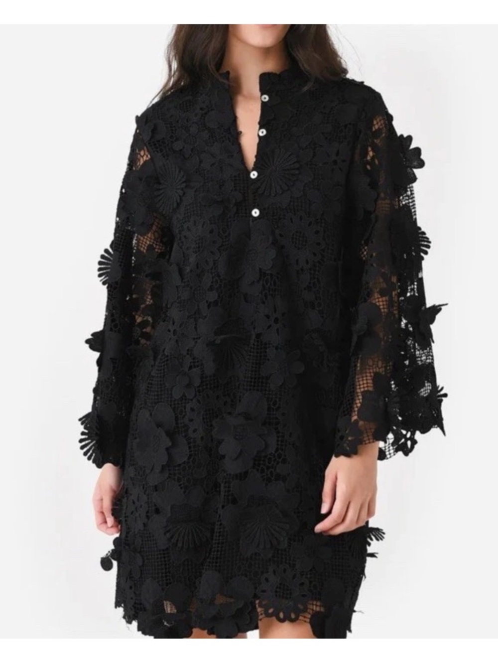 J.Marie Seraphina Shift Dress X-Small Black Floral 3D Lace 3/4 Sleeve Kaftan NWT